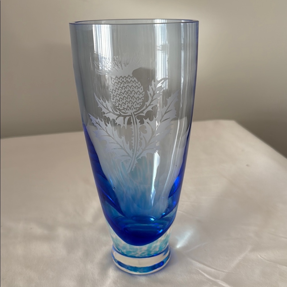 Etched Thistle Glass Vase Blue